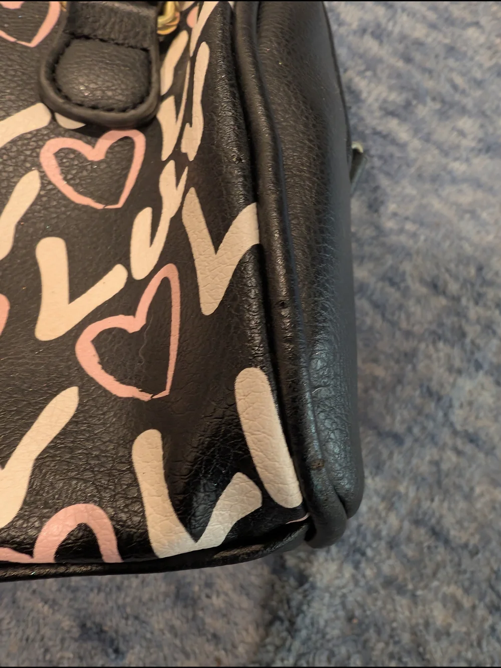 Betsey Johnson Black Cosmetic Bag with Pink and Cream Heart Luv Print